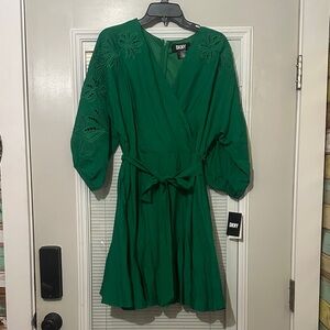 DKNY Green Embroidered Wrap Dress with Tie Waist
